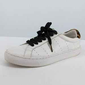 J Crew Saturday Sneakers 6 White Leather Calf Hair Leopard Print Lace Up Comfort